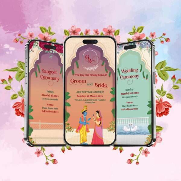 Modern Indian Radha Krishna theme wedding invitation Video card